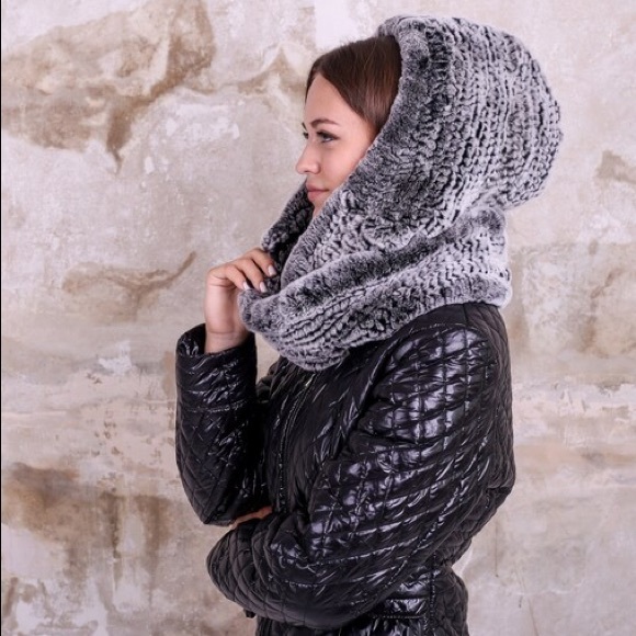 Glamourpuss 100% Real Rabbit Fur Infinity Head Scarf Hood Hat Gray and Black - Picture 3 of 8